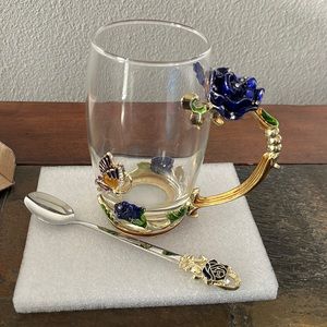 Tea Cup Glass Coffee Mugs w matching spoon Enamel Flower Butterfly- COAWG.